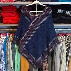 Janice blue/white/orange v neck eyelash sweater poncho size OS NWT